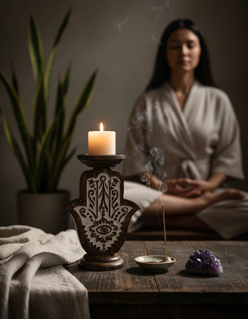 Candelabro de Madera de Mango · Mano Protectora