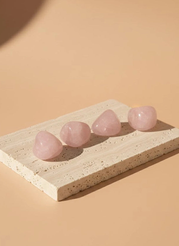 Imagen de un cuarzo rosa rodado, de 2 a 3 cm, con un acabado suave y pulido. Esta piedra semipreciosa, conocida por su color rosado delicado, es ideal para terapias de cristal, decoración del hogar o como pieza de colección. El cuarzo rosa es apreciado por sus propiedades calmantes y su asociación con el amor y la paz.